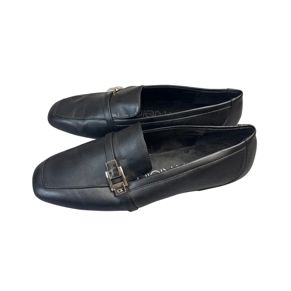 Calvin Klein Mens Black Leather Square Toe Loafers Silver CK Buckle Size 9M